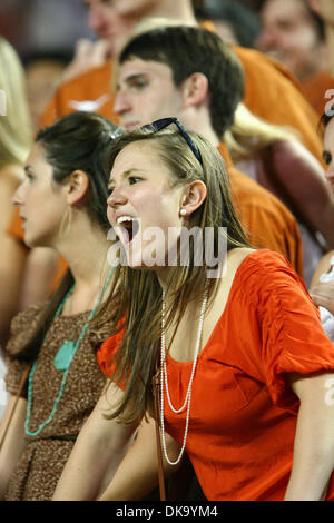 Sept. 3, 2011 - Austin, Texas, United States of America - A Texas fan shouts at her team during the game between the Rice Owls and the Texas Longhorns at Darrell K Royal Texas Memorial Stadium in Austin, Texas. Texas beat Rice 34-9. (Credit Image: © Matt Pearce/Southcreek Global/ZUMAPRESS.com) Stock Photo