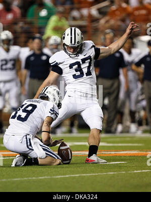 Sept. 10, 2011 - Austin, Texas, United States of America - Brigham Young Cougars kicker Justin Sorensen (37) in action during the game between the Brigham Young Cougars and the Texas Longhorns at the Darrell K Royal - Texas Memorial Stadium in Austin, Texas. Texas defeats BYU 17 to 16. (Credit Image: © Dan Wozniak/Southcreek Global/ZUMAPRESS.com) Stock Photo