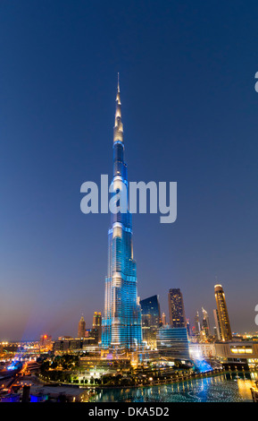 Burj Khalifa tower floodlit in blue during National Day celebrations on 2 1 December 2013 in Dubai United Arab Emirates Stock Photo