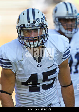 Sept. 10, 2011 - Austin, Texas, United States of America - Brigham Young Cougars linebacker Tyler Beck (45) in action during the game between the Brigham Young Cougars and the Texas Longhorns at the Darrell K Royal - Texas Memorial Stadium in Austin, Texas. Texas defeats Brigham Young 17 to 16. (Credit Image: © Dan Wozniak/Southcreek Global/ZUMAPRESS.com) Stock Photo