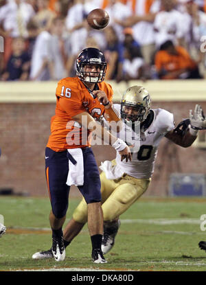 Sept. 3, 2011 - Charlottesville, Virginia - USA; Virginia Cavaliers quarterback MICHAEL ROCCO (16) throws the ball during an NCAA football game against William & Mary at Scott Stadium. Virginia won 40-3. (Credit Image: © Andrew Shurtleff/ZUMApress.com) Stock Photo