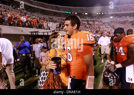 Sept. 3, 2011 - Charlottesville, Virginia - USA; Virginia Cavaliers quarterback MICHAEL ROCCO (16) hugs his mom after an NCAA football game against William & Mary at Scott Stadium. Virginia won 40-3. (Credit Image: © Andrew Shurtleff/ZUMApress.com) Stock Photo