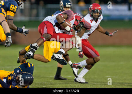 Sept. 10, 2011 - Kent, Ohio, U.S - Louisiana-Lafayette kick returner Darryl Surgent (87) is tackled during the game against Kent State.  The Louisiana-Lafayette Ragin Cajuns defeated the Kent State Golden Flashes 20-12 in the game played at Dix Stadium in Kent, Ohio. (Credit Image: © Frank Jansky/Southcreek Global/ZUMAPRESS.com) Stock Photo