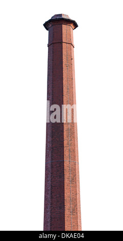 Tall, industrial red brick chimney stack isolated on a white background. Stock Photo