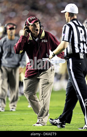 Sept. 17, 2011 - Tallahassee, Florida, United States of America - Florida State Head Coach Jimbo Fisher complains about a helmet to helmet hit to FSU WR Kenny Shaw which led to a personal foul penalty against the Sooners.  Oklahoma defeated FSU 23-13 at Doak Campbell Stadium in Tallahassee, Florida. (Credit Image: © Mike Olivella/ZUMAPRESS.com) Stock Photo