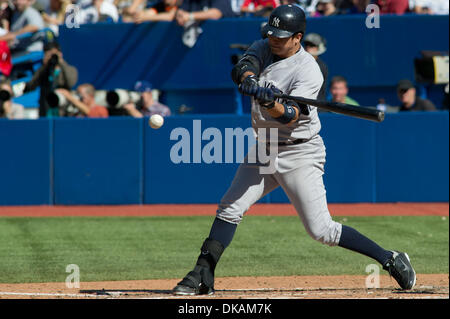 Sept. 18, 2011 - Toronto, Ontario, Canada - New York Yankees shortstop Ramiro Pena (19) grounds out to the Toronto Blue Jays pitcher in the 6th inning. The Toronto Blue Jays defeated the New York Yankees 3 - 0 at the Rogers Centre, Toronto Ontario. (Credit Image: © Keith Hamilton/Southcreek Global/ZUMAPRESS.com) Stock Photo