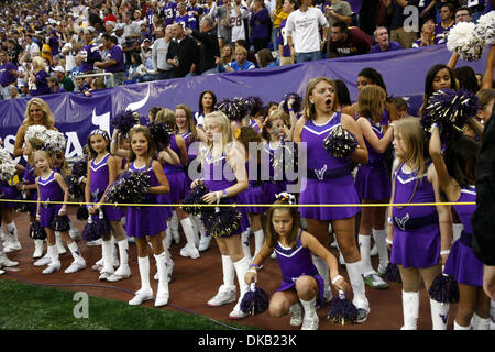 Sep. 25, 2011 - Minneapolis, Minnesota, U.S. - A Minnesota Viking  cheerleader encourages the crowd at Mall of America Field in the Metrodome.  The Detroit Lions beat the Minnesota Vikings 26-23. (Credit