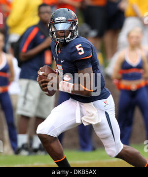 Sep. 24, 2011 - Charlottesville, Virginia, U.S. - Virginia Cavaliers quarterback DAVID WATFORD (5) reacts during the game at Scott Stadium. Mississippi Eagles beat Virginia Cavaliers 30-24. (Credit Image: © Andrew Shurtleff/ZUMAPRESS.com) Stock Photo