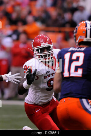 October 1, 2011: Rutgets defensive lineman Michael Larrow (#90) goes for the quarterrback sack. Rutgers defeated Syracuse 19-16 in overtime in a Big East conference contest at the Carrier Dome in Syracuse, NY.(Credit Image: © Alan Schwartz/Cal Sport Media/ZUMAPRESS.com) Stock Photo