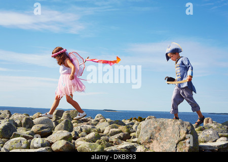 Boy and girl dressed as pirate and fairy, Eggergrund, Sweden Stock Photo