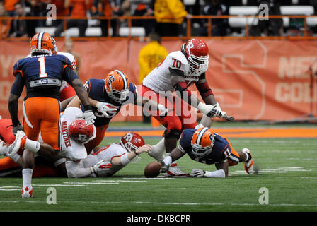 October 1, 2011: Rutgers defeated Syracuse 19-16 in overtime in a Big East conference contest at the Carrier Dome in Syracuse, NY. Rutgers fumbled the ball while playing Syracuse.(Credit Image: © Alan Schwartz/Cal Sport Media/ZUMAPRESS.com) Stock Photo