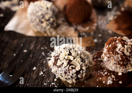 White and dark chocolate praline on the table  Stock Photo