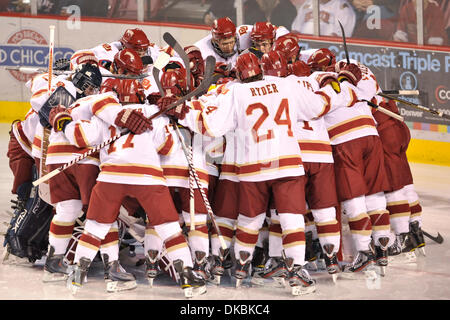 Oct. 7, 2011 - Denver, Colorado, United States of America - University of Denver Pioneers huddle up prior to the start of an exhibition game against the U.S. National Under-18 Team at Magness Arena. (Credit Image: © Michael Furman/Southcreek/ZUMAPRESS.com) Stock Photo
