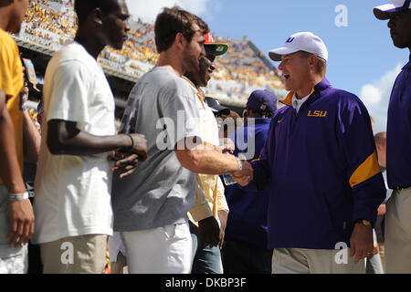 LSU Tigers head coach Les Miles greets high school recruits before the Div. 1 NCAA football game between the LSU Tigers and the Florida Gators at Tiger Stadium in Baton Rouge, La.  LSU won 41-11. (Credit Image: © Donald Page/Southcreek/ZUMAPRESS.com) Stock Photo
