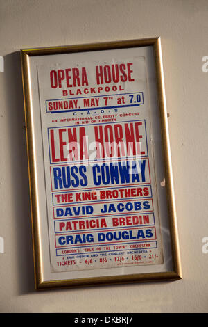 1950s Pop star lineup of opera house performers in Blackpool,    Vintage Framed theatre posters of the stars of Yesteryear on display in Blackpool Winter Gardens theatre on the occasion of the Ist ever open day.   International celebrity concert rare vintage poster advertising some of the international stars and Blackpool institutions who performed there over the years, including Lena Horne, Russ Conway, The King Brothers, David Jacobs, Patricia Bredin, and Craig Douglas. Stock Photo