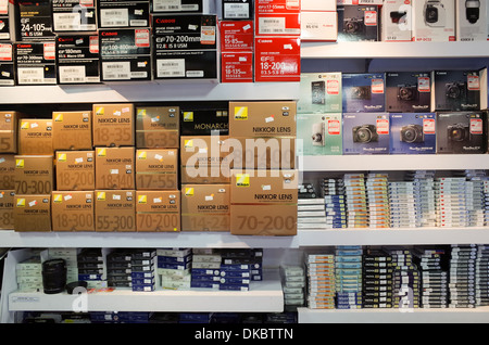 camera shop in hong kong with all camera and accessories in box display. Stock Photo