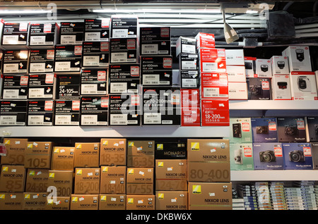 camera shop in hong kong with all camera and accessories in box display. Stock Photo