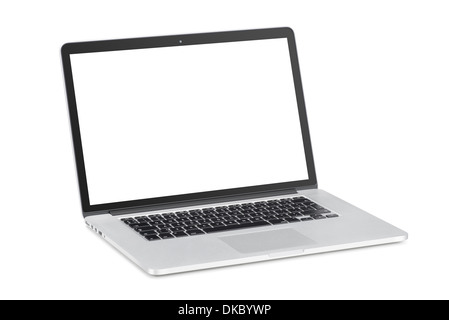 Rotated at a slight angle modern laptop with tilted back white monitor is isolated on white background. High quality. Stock Photo