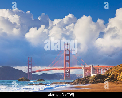 Golden Gate Bridge linking the city of San Francisco with Marin County from Baker Beach San Francisco California USA Stock Photo