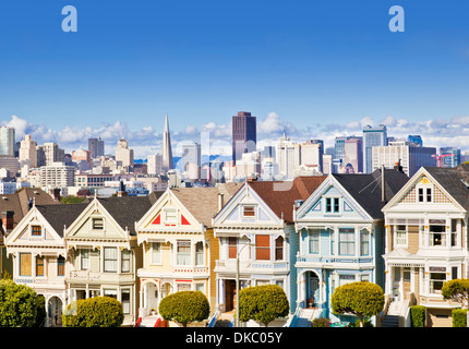San Francisco Painted Ladies famous well maintained old Victorian houses on Alamo Square San Francisco California USA Stock Photo
