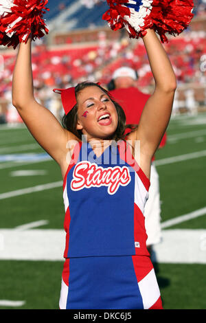 Oct. 15, 2011 - Dallas, Texas, United States of America - A Southern Methodist Mustangs cheerleader cheers during the game between SMU Mustangs and the UCF Knights at Ford Stadium in Dallas, Texas. SMU beat UCF 38-17. (Credit Image: © Matt Pearce/Southcreek/ZUMAPRESS.com) Stock Photo