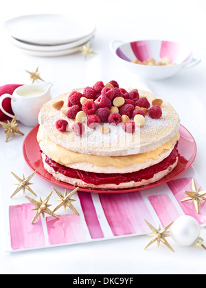 Meringue layer cake with raspberries and macadamia nuts Stock Photo