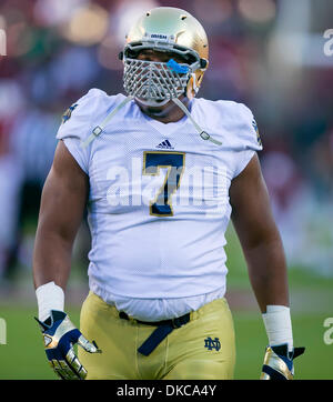 Palo Alto, CA, . 30th Nov, 2013. Notre Dame Fighting Irish defensive lineman Stephon Tuitt (7) warms up prior to the NCAA Football game between the Stanford Cardinal and the Notre Dame Fighting Irish at Stanford Stadium in Palo Alto, CA. Stanford defeated Notre Dame 27-20. Damon Tarver/Cal Sport Media/Alamy Live News Stock Photo