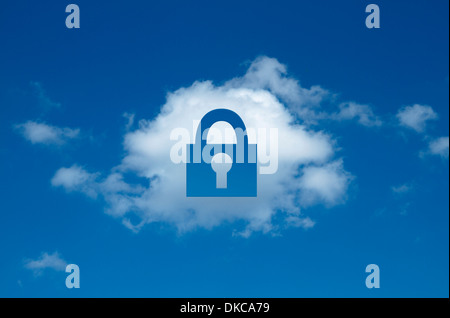Digital composite of cloud with padlock shape cut out, secure cloud computing Stock Photo
