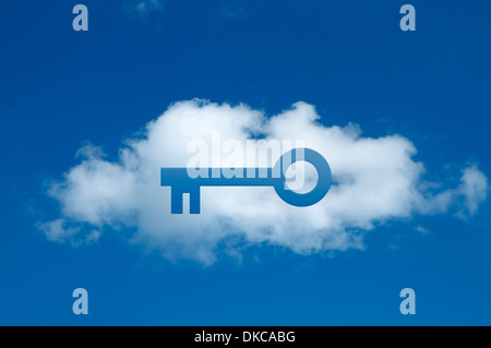 Digital composite of cloud with key shape cut out, secure cloud commitment Stock Photo