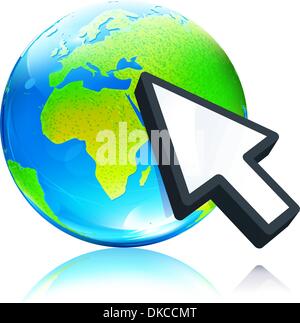 Vector illustration of cursor mouse hand pointing to glossy earth map globe Stock Vector