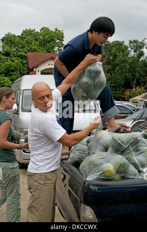 Loading water melons on to a truck in Chiang Mai, Thailand Stock Photo