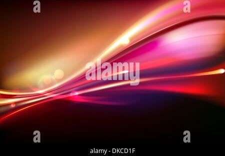 Vector illustration of red abstract background with blurred magic neon light curved lines Stock Vector