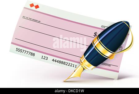 Vector illustration of business concept with bank check and  elegant fountain pen Stock Vector