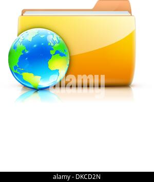 Vector illustration of global sharing concept icon yellow folder and glossy globe Stock Vector