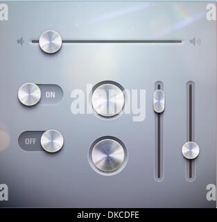 Vector illustration set of the detailed UI elements – knob, switches and slider in metallic style. Good for your websites, blogs Stock Vector