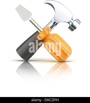 Vector illustration of detailed screwdriver and hammer icon isolated on white background Stock Vector