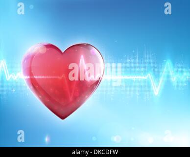 Vector illustration of red heart shape with electrocardiogram line on blue soft background Stock Vector