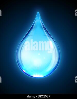 Vector illustration of a single blue shiny water drop isolated on dark background. Stock Vector