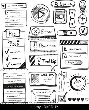 Hand drawn vector set of user interface design elements: buttons, icons, gui elements, ticks, switch, raiting, web boxes, toolti Stock Vector