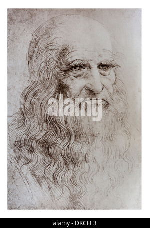 A Leonardo Da Vinci Self Portrait in Red chalk - Turin Royal LIbrary Stock Photo