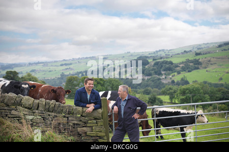 Farmer and son leaning on stone wall and discussing cattle in field