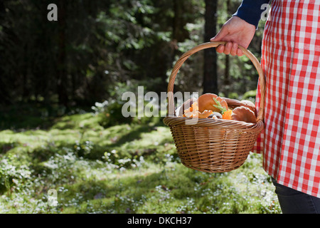 Woman with basket of mushrooms in forest Stock Photo