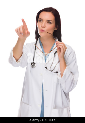 Female Doctor or Nurse Pushing Button or Pointing with Room For Your Own Button or Text Isolated on White. Stock Photo