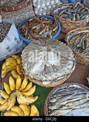 Assorted dried, salted fish for sale at a Philippine market in Dimiao Town, Bohol Island. Stock Photo