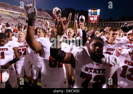 Oct. 22, 2011 - Charlottesville, Virginia, U.S. - North Carolina State Wolfpack celebrate with their fans during an NCAA football game against the Virginia Cavaliers at the Scott Stadium. NC State defeated Virginia 28-14. (Credit Image: © Andrew Shurtleff/ZUMAPRESS.com) Stock Photo