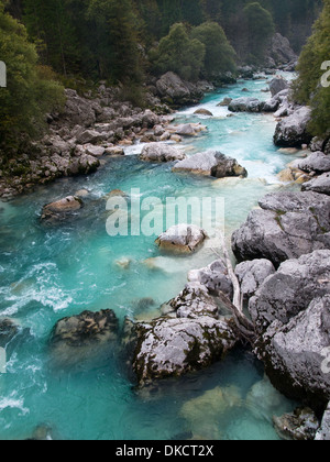 Vertical picture of Soca river with spectacular blue waters. Slovenia. Stock Photo