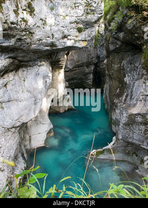 Vertical picture of Soca river gorges, with spectacular blue waters. Slovenia. Stock Photo