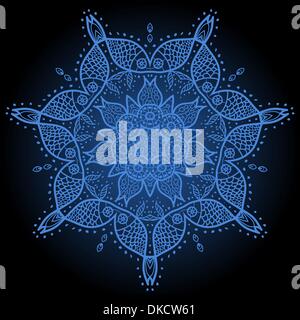 Oriental mandala motif round lase pattern on the black background, like snowflake or mehndi paint in blue color Stock Vector