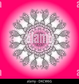 Fishes in round. Oriental mandala motif round lase pattern on the pink background, like snowflake or mehndi paint in red and blu Stock Vector