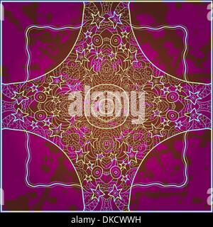 Oriental mandala motif round lase pattern on the pink background, like snowflake or mehndi paint in red and blue. What is karma? Stock Vector